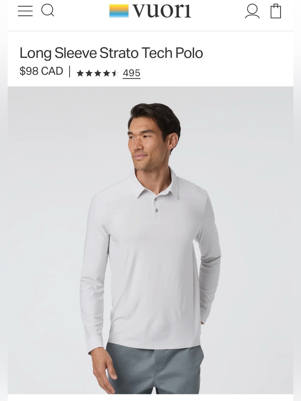 NWOT Vuori Long Sleeve Strato Tech Polo in Frost Grey Heather